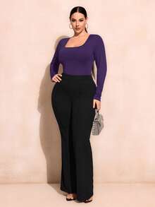 SHEIN SXY Plus Size Women's Solid Color Square Neck Long Sleeve Casual Bodysuit/Fall/Winter