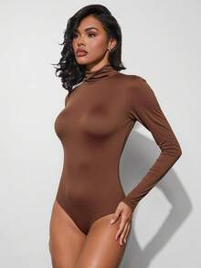 Hauture Mock Neck Long Sleeve Sheer Bodysuit - Brown - View 4