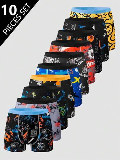 10pcs/Multi-Packs Teenage Boys' Football, Game Console, Space Graphic Retro Street Essentials Style Soft Comfortable Boxer Briefs, Cozy Fall & Winter Styles Clothes ,Best Christmas Gifts For Kids ,Comfortable And Soft Lingerie Sets