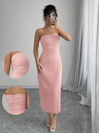 Elenzga Women's Elegant Solid Color Texture Fabric Tube Strapless Bodycon Dress, Fall Maxi Women Outfit