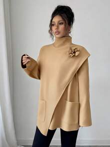 Elenzga Women's Elegant Wool Wrap Shawl Collar Coat, Sophisticated Fashion Outerwear For Fall/Winter Dates And Outings, Available In Coffee Brown, Khaki, And Camel - Khaki - View 1