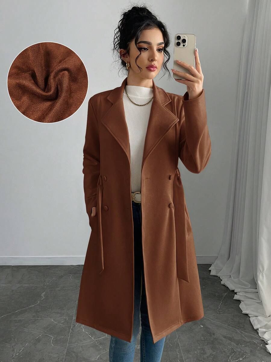 SHEIN PETITE Women's Elegant Solid Color Faux Suede Mid-Length Regular Jacket - Rust Brown - View 1