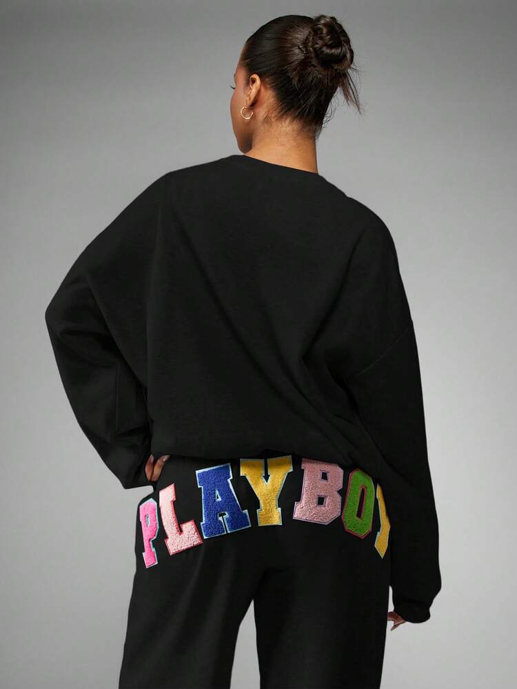 Missguided x Playboy Sudadera oversize con parches de letras de aplicación de colores en estilo universitario vintage