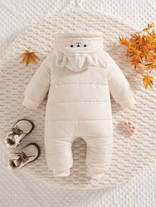 SHEIN Playful Pals 1件装女婴冬季新款2020拉链连帽连体衣，饰有刺绣熊耳朵，罗纹袖口和下摆，日常休闲保暖装扮 - 杏色 - 查看 2