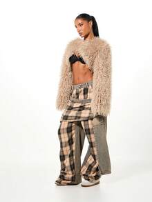 SUMWON WOMEN 复古格纹牛仔宽松牛仔裤，袖口系带设计，高腰阔腿拼接格纹图案 - 彩色 - 查看 5