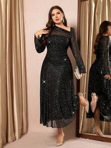 SHEIN Clasi Plus Size Elegant Black Autumn Formal Evening Shiny Pleats Party Dress For Women Christmas Party Outfit Rave Outfit - Black - View 6
