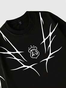 ROMWE MEN Street Life Camiseta de manga larga de cuello redondo holgada y casual con estampado gótico para hombres - Negro - Ver 3