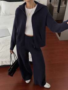 DAZY Women's Solid Color Drop Shoulder Long Sleeve Zip Front Cardigan And Knit Pants Casual 2-Piece Set, Autumn/Winter Hoodie - Blue - View 3