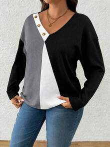 EMERY ROSE Plus Size Women V-Neck Long Sleeve T-Shirt, Patchwork Waffle Fabric With Decorative Buttons, Autumn