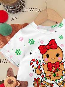 SHEIN 圣诞快乐！女宝宝休闲可爱卡通姜饼人、雪花、圣诞树、铃铛、拐杖糖图案，白色圣诞短袖圆领上衣，节日气息浓厚，适合夏季叠穿，全新假日系列。 - 彩色 - 查看 4