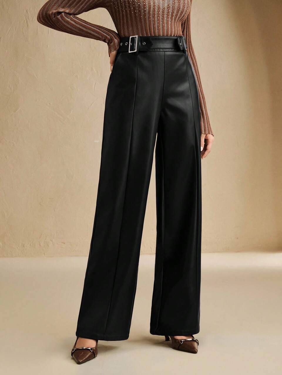 Anewsta Women's Black Belted Slim Fit Faux Leather Straight Leg Pants, Suitable For Valentine's Day, Spring To Summer
