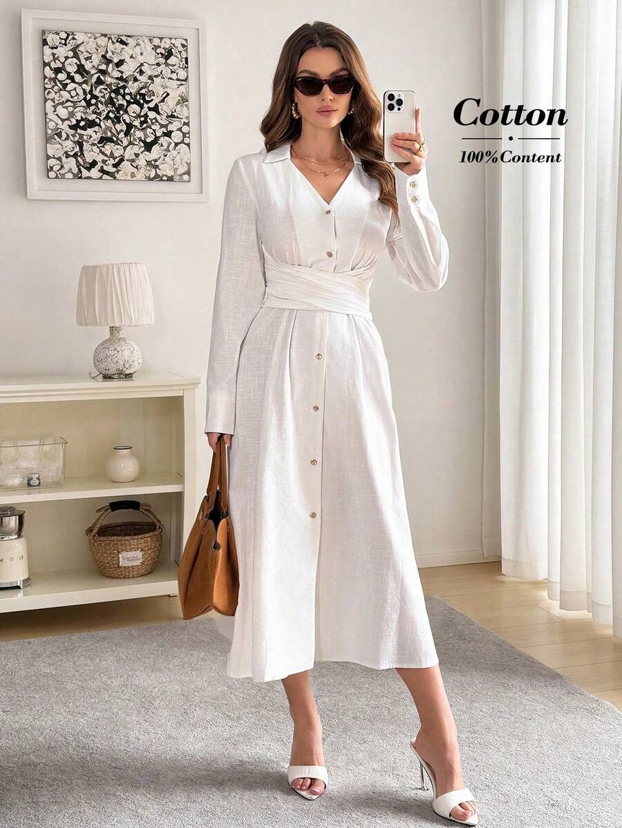 Easowa 女士纯色长袖交叉腰部设计休闲衬衫裙 - 象牙白色 - 查看 1