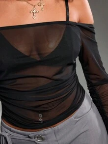 Normani 时尚性感透视网纱露肩女式上衣 - 黑色 - 查看 6