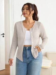 SHEIN Frenchy Áo thun tay dài kẻ sọc, đơn hàng, dáng rộng, đơn giản, dành cho nữ cỡ lớn - Nhiều màu - Xem 6