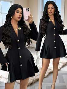 Rafferiza 女士翻领长袖金属花卉单排扣优雅连衣裙 - 黑色 - 查看 2