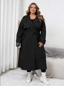 SHEIN CURVE+ 1pc Women's Solid Color Woven Longline Belted Front Button Trench Coat/Winter - Black - View 11