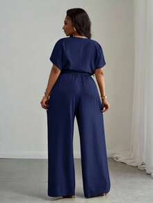 Slaydiva Women Plus Size 2 Pieces Set Navy Blue Summer Casual Work Elegant Drawstring Hem Cropped Top And Wide Leg Pocket Pants,Commute Party Club Outdoor - Navy Blue - View 3