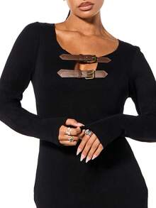 SUMWON WOMEN Ribbed Knit Mini Dress With Buckle Detail Long Sleeve Bodycon Fall Winter - Black - View 4