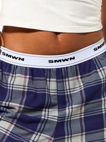 SUMWON WOMEN 休闲格子裤，松紧腰带设计，居家休闲睡衣舒适百搭 - 藍色 - 查看 6