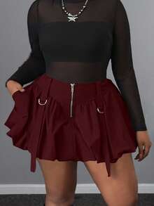 Maweii Plus Size Women Casual Ruffle Hem Solid Color Zipper Sexy Mini Skirt, Suitable For Work And Commute, Autumn/Winter - Burgundy - View 2