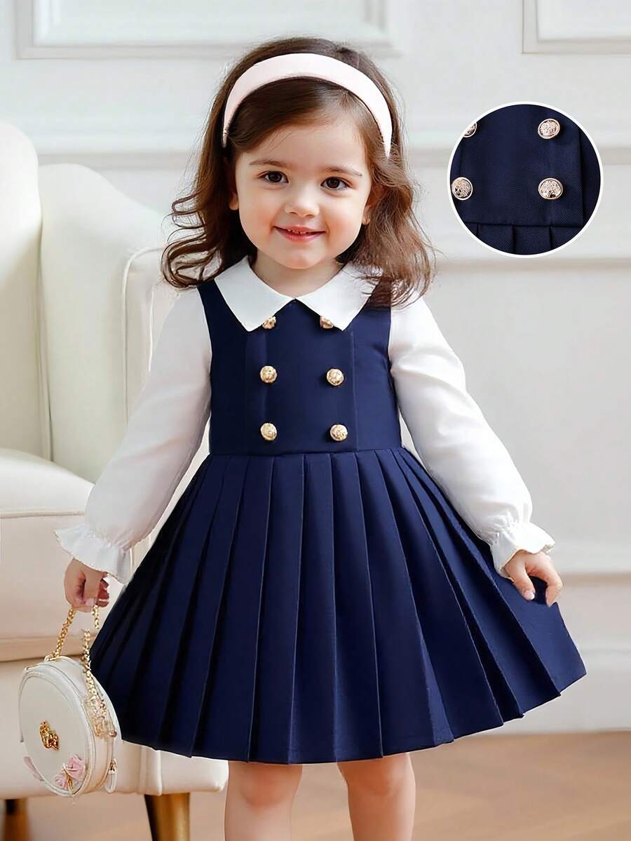 Souflis Souflis Baby GirlCollared Gold Button Pleated Hem Dress, Cute & Elegant For Casual, Commute, School, Daily Wear - Blue - View 1