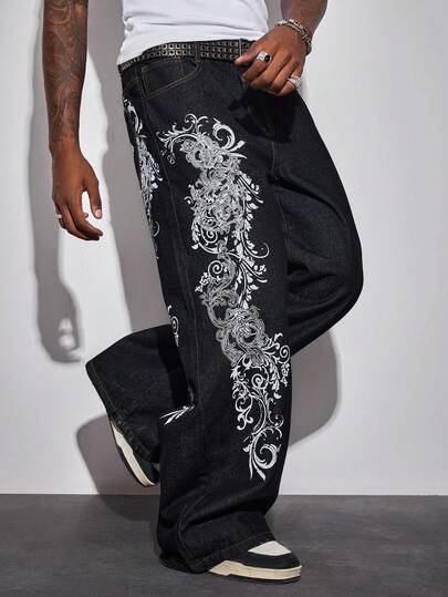 Street Life جينز رجالي بقصة مستقيمة فضفاضة مع جيب مطبوع بالزهور