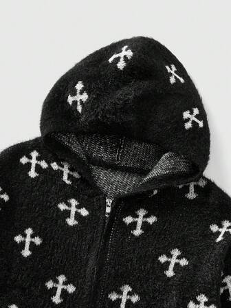 Street Life Chaqueta con capucha con cremallera y patrón de cruz oscuro vintage para hombres