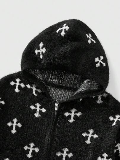 Street Life Cardigan con cappuccio con chiusura lampo, motivo a croce vintage scuro, da uomo