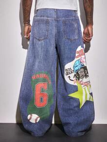 ROMWE MEN Street Life Men's Numeric Print Pocket Wide Leg Loose Relaxed Fit Flared Jeans - Blue - View 4