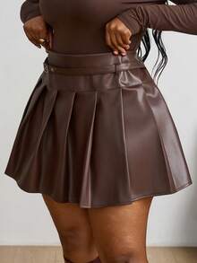 SHEIN PETITE CURVE 大码女装秋冬巧克力棕色纯色搭扣褶皱PU皮裙，皮革褶皱裙，伞裙，秋季女装，冬季女装，商务休闲女装，复古风格 - 咖啡棕 - 查看 3