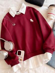 Tween Girls' White Collar Contrast Black 2 In 1 Sweatshirt, Fashion Versatile With Printed Chest Design, Ribbed Hem And Cuffs, Suitable For Autumn/Winter Outings, Travel, Shopping, Can Be Paired With Sweatpants, Jeans, Jackets - Burgundy - View 1