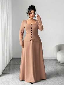 SHEIN Elenzya Elegant Textured Contrast Button Design Plus Size 2 Pieces Set - Khaki - View 4