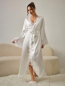 HautHeat Women's Contrast Lace Fuzzy Cuff Elegant Belted Robe - White - View 3