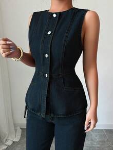 Elenzga Women's Casual Commuter Denim Vest And Pants Set - Dark Wash - View 4