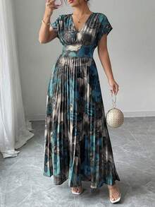 Elenzga Plus Size Women's Vacation Elegant Print Pleated Shirred A-Line Drop-Shoulder Short Sleeve Maxi Dress