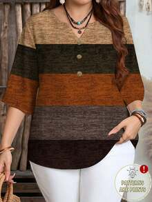 EMERY ROSE Plus Size Casual Contrast Striped Shirt, Suitable For Summer,Spring/Vacation - Multicolor - View 1