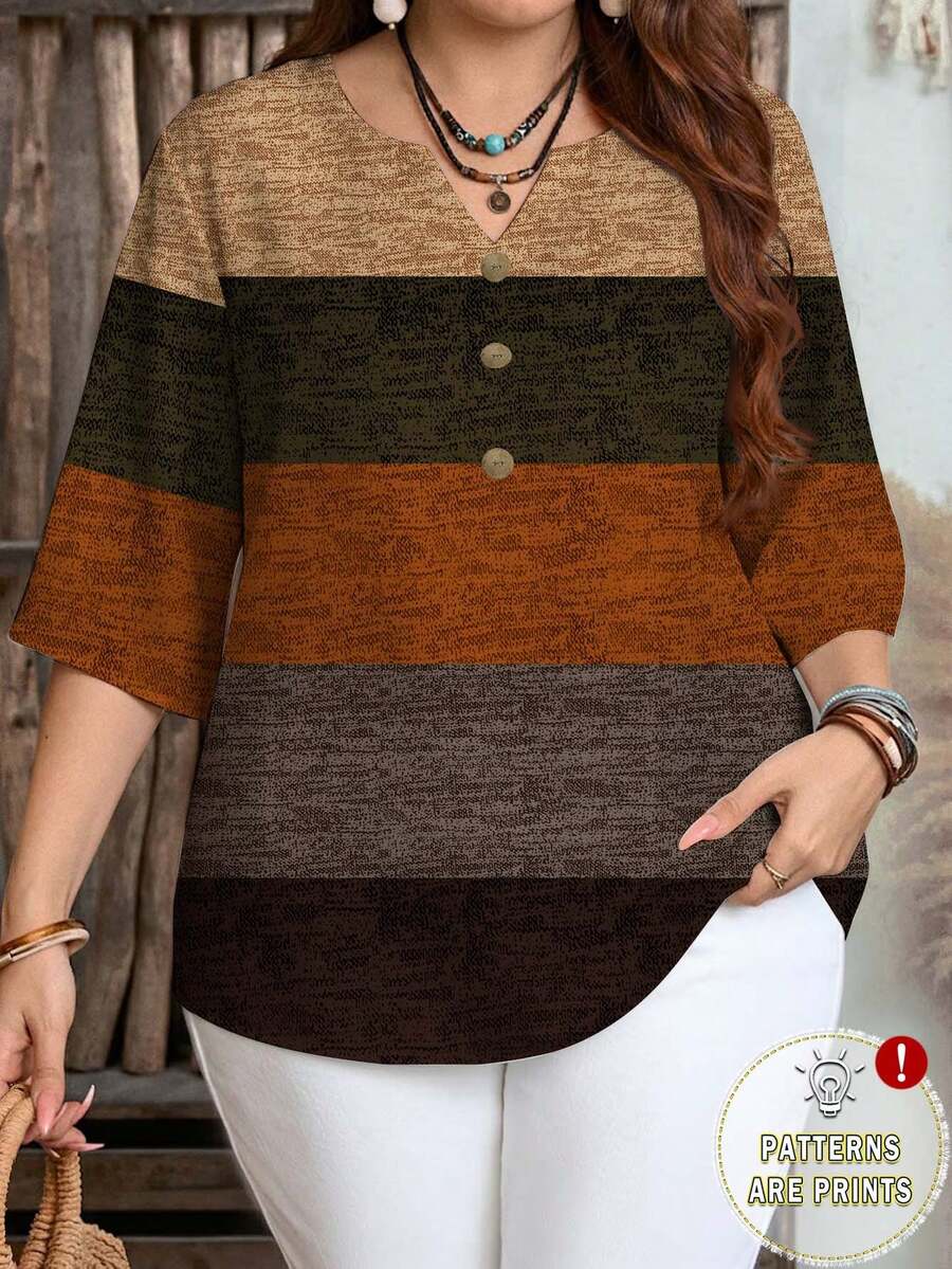 EMERY ROSE Plus Size Casual Contrast Striped Shirt, Suitable For Summer,Spring/Vacation - Multicolor - View 1