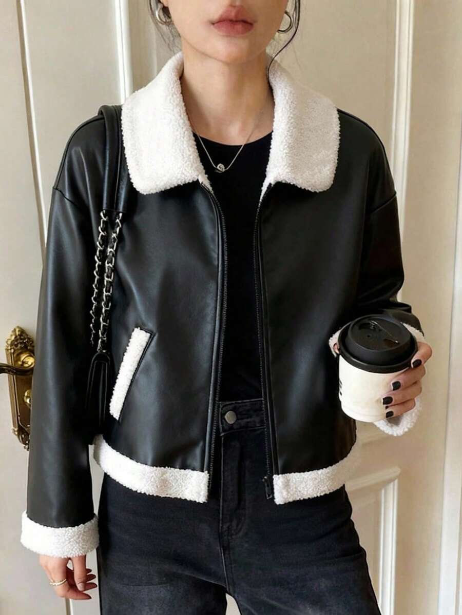 SHEIN 青少年女孩秋冬街头风格 PU 复合保暖衬里撞色领摩托车夹克，适合休闲外出 - 黑色 - 查看 1