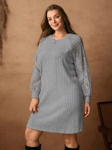 Rosumi Đầm suông rộng tay dài cổ tròn họa tiết gân cho nữ cỡ lớn - Xám - Xem 9