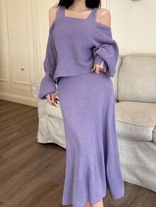 Feyla Bộ 2 váy len dệt kim màu trơn hở vai thanh lịch cho nữ - Màu tím - Xem 5