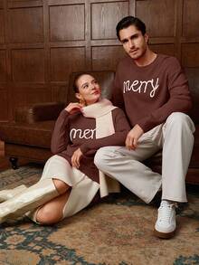 Manfinity Homme Sweater Kasual Lengan Panjang Leher Bulat Motif Huruf untuk Pria, Musim Gugur/Dingin, Cocok untuk Pasangan Pria - Coffee Brown - View 1