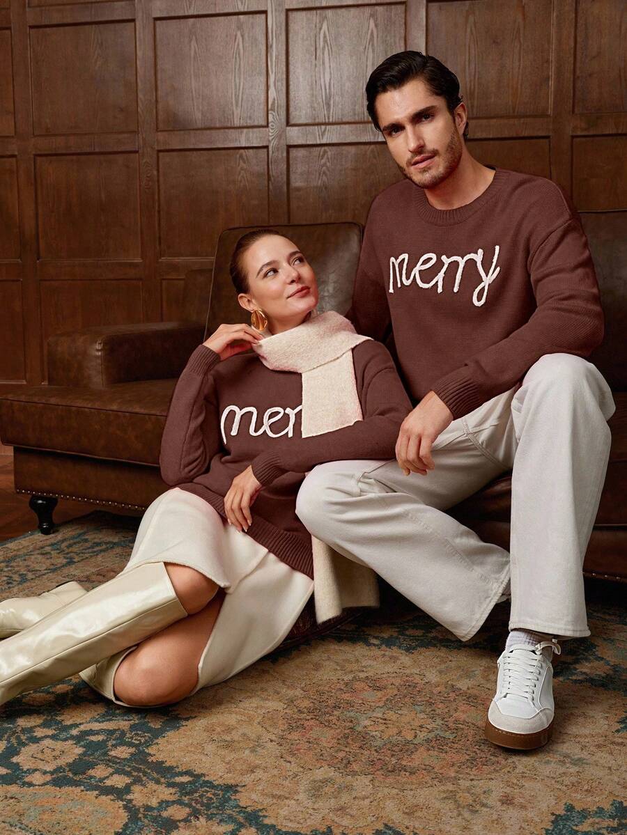 Manfinity Homme Sweater Kasual Lengan Panjang Leher Bulat Motif Huruf untuk Pria, Musim Gugur/Dingin, Cocok untuk Pasangan Pria - Coffee Brown - View 1