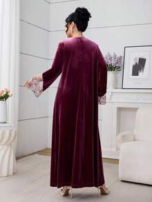 SHEIN Najma Women's Velvet Collar Floral Lace Cuff Mesh Embroidered Arabic Style Dress - Multicolor - View 4