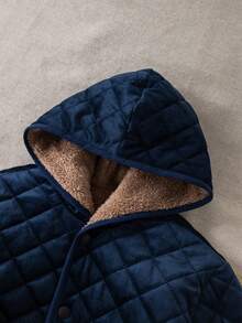 PrepCrw 1 件青少年男孩优雅学院风休闲都市海军蓝天鹅绒菱形格子连帽长袖棉衣，适合外出、聚会、返校、冬季