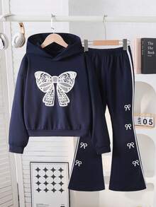 SHEIN 女童提花针织连帽衫 + 天鹅绒喇叭裤休闲装 - 藏蓝色 - 查看 3