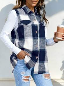 Women's Plaid Sleeveless Button-Down Blouse - Azul oscuro - Ver 3