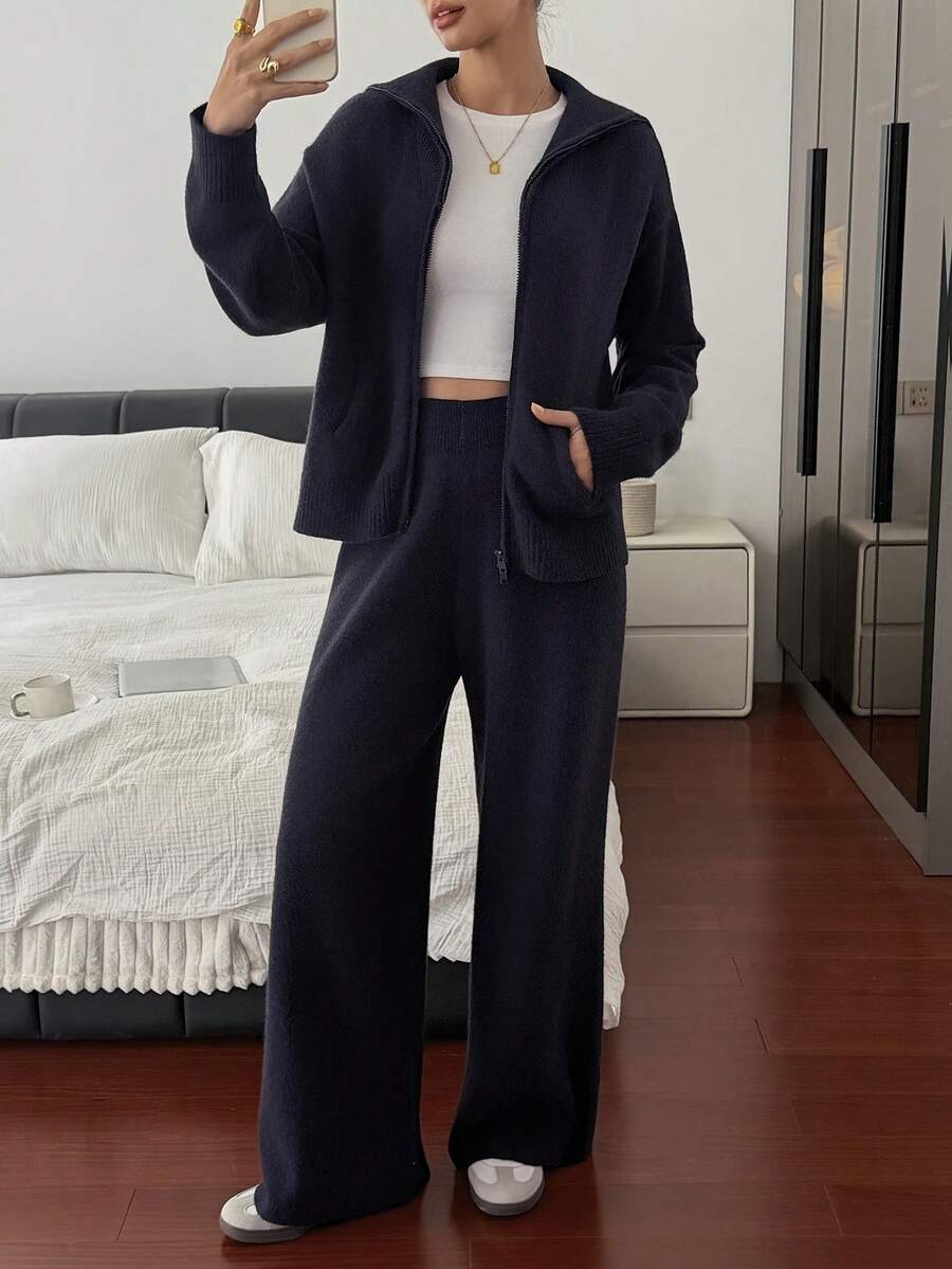 DAZY Women's Solid Color Drop Shoulder Long Sleeve Zip Front Cardigan And Knit Pants Casual 2-Piece Set, Autumn/Winter Hoodie - Blue - View 1