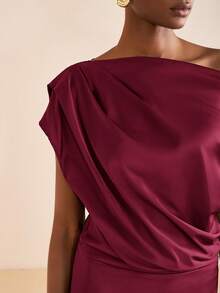 Zivah 2025 Autumn New Music Festival, Easter, St. Patrick's Day, Western, Nomadic, Birthday Party, Graduation Season, College Style, Student Wear, Daily Casual, All-Match Versatile, Leisure, Vacation, Cruise Travel, Beach, Sunbathing, Viral , Streetwear, Wedding Guest Boho, Commute, Brunch, Airport, Party & Holiday Outfits, Asymmetric Shoulder Long Satin Shiny Dress, Purple Dress Maroon Dress Satin Midi Dress Asymmetrical Dress - Burgundy - View 8