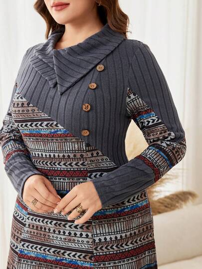 Lacomfia Vestido casual de vacaciones de talla grande para mujer con cuello vuelto, manga larga, de punto y forro polar con estampado de retazos