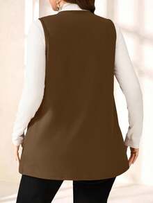 SHEIN PETITE CURVE Plus Size Solid Color Sleeveless Loose Pocket Simple Casual Coat,Spring/Summer,Vacation In Fall/Winter - Brown - View 2